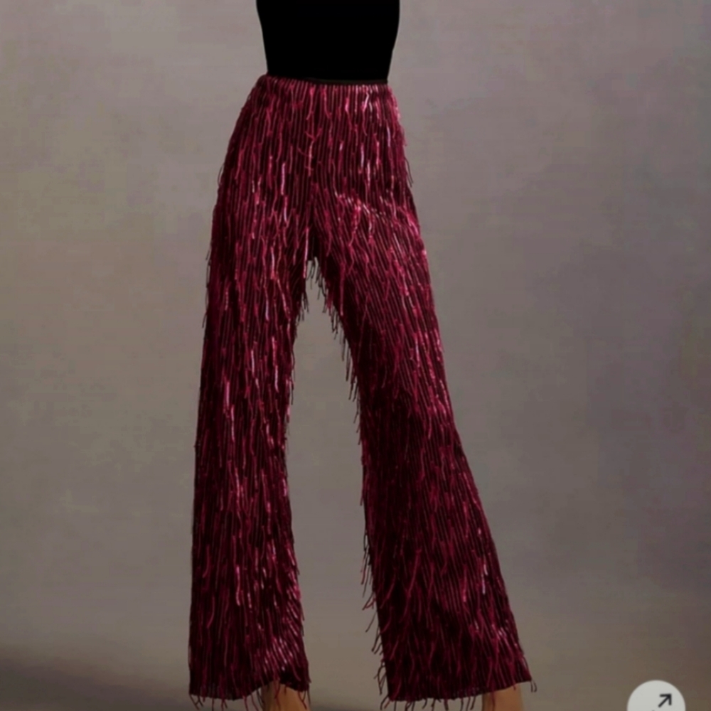 Maeve Burgundy Fringe Flare Pants